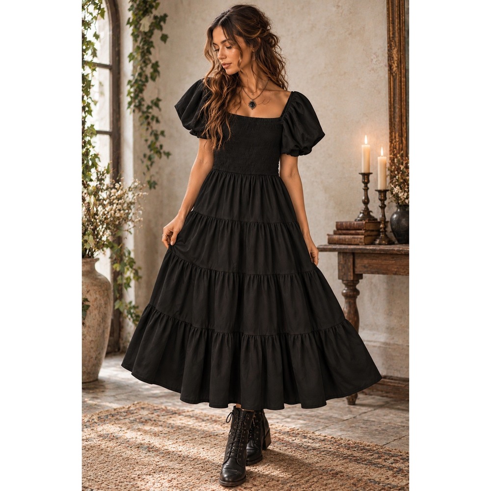 Black Smocked Puff Sleeve Tiered Maxi Dress Square Neck Medium Whimsigoth